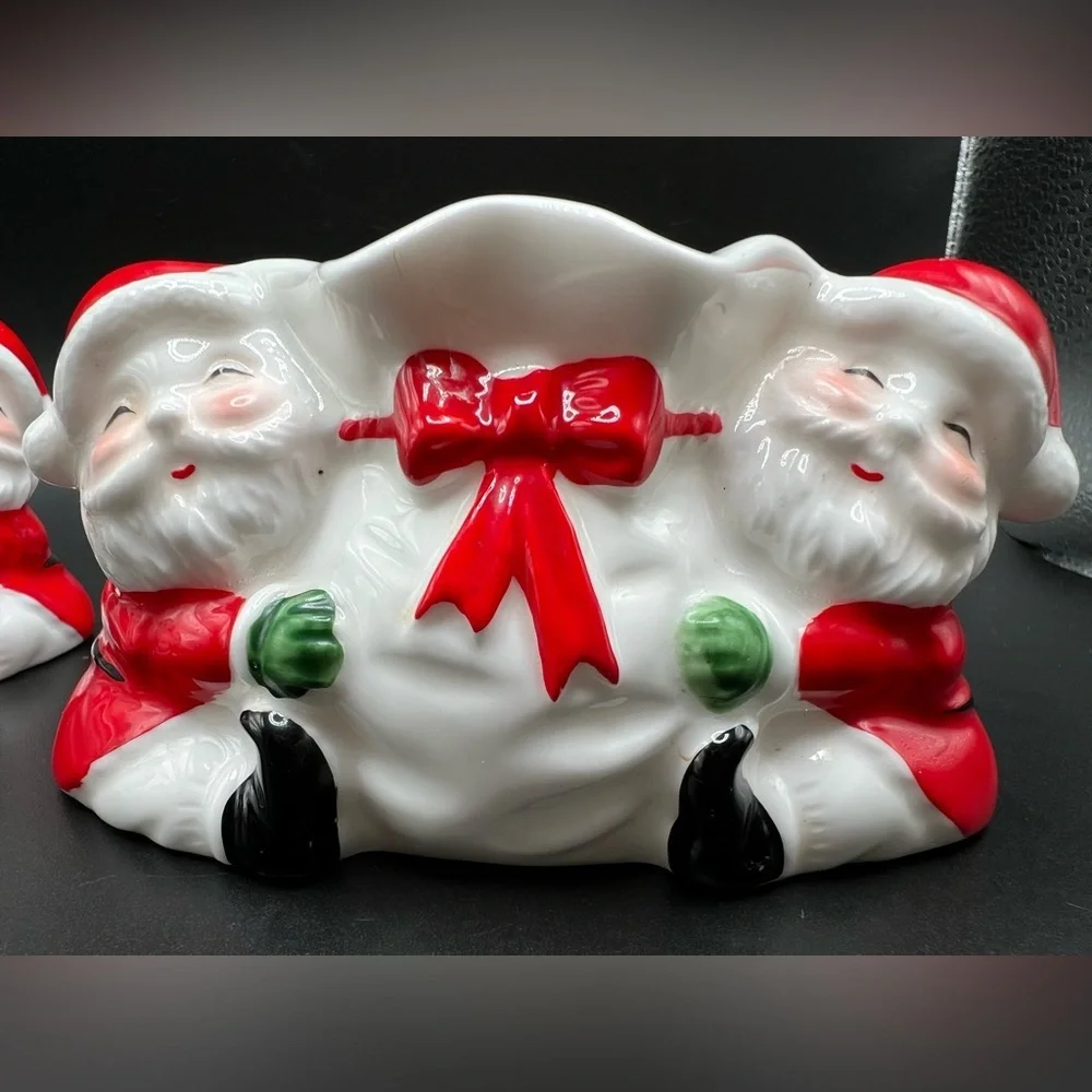Vintage Ceramic Santas w/ Toy Bag Candleholder Pair Made in Taiwan Bone China
